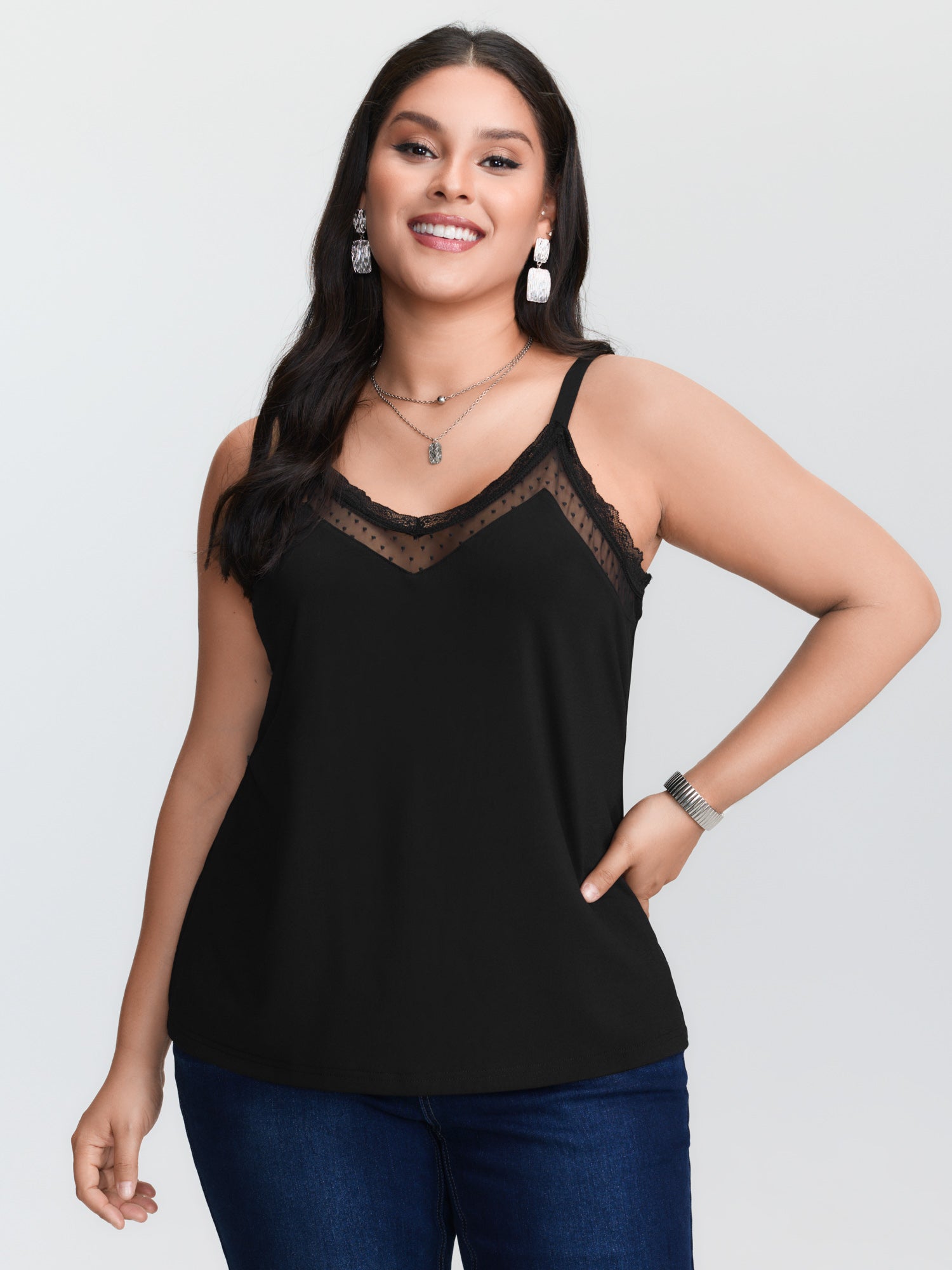 Cami Top Lace - Plus‑size black knitted camisole tank top,